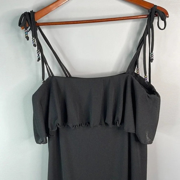 RAPZ Beach Dress Black Tied Bead Spaghetti Strap Lettuce Hem Ruffle Size L - Picture 3 of 10